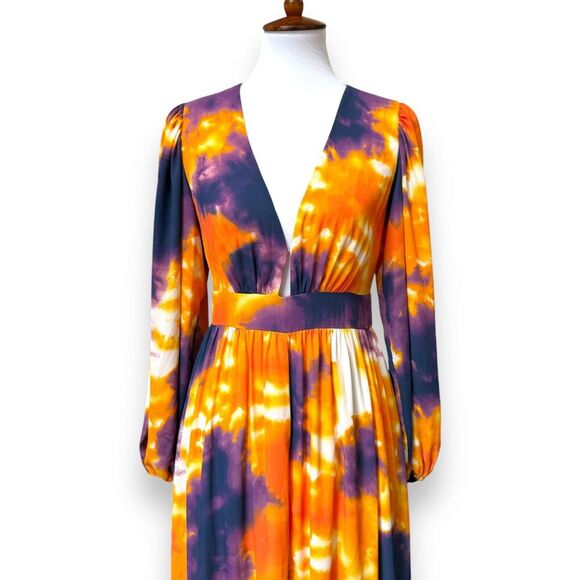 Toccin NY Womens A-Line Maxi Dress Orange Tie Dye Long Sleeve Lined Zip Ruffle 8 - Picture 7 of 15